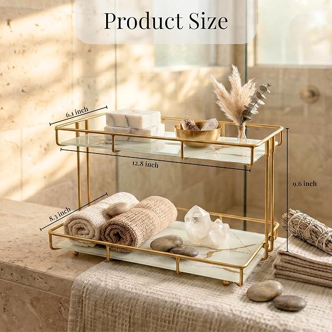 2-Tier White Marble Bathroom Countertop Organizer – Glass Shelves & Gold Metal Frame, Elegant Vanity Storage Shelf for Perfume, Skincare, Makeup & Toiletries