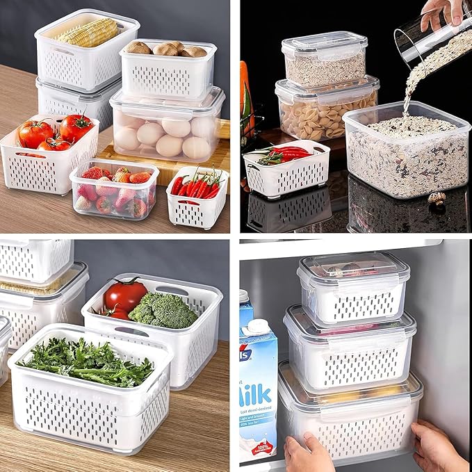 Large Fridge Food Storage Container Set with Lids with Strainer