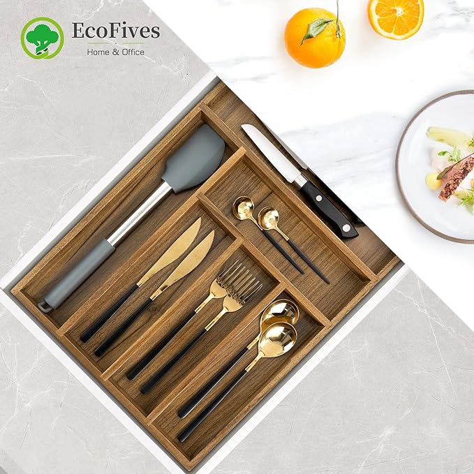 Luxury Acacia Kitchen Drawer Organizer, Silverware Organizer, 6 Slot