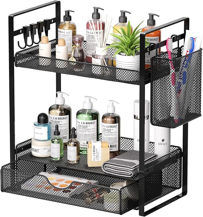 2 Tier Bathroom Organizer Countertop with Drawer, Black