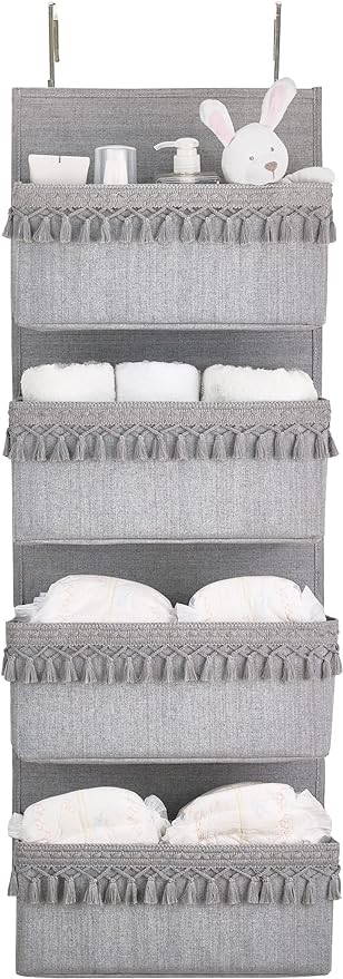 Dahey Over The Door Organizer Boho Nursery Storage Decor Closet Hanging Organizer with Tassels Decoration for Bedroom Nursery Bathroom Apartments Dorm Pantry, 4 Pockets, Grey