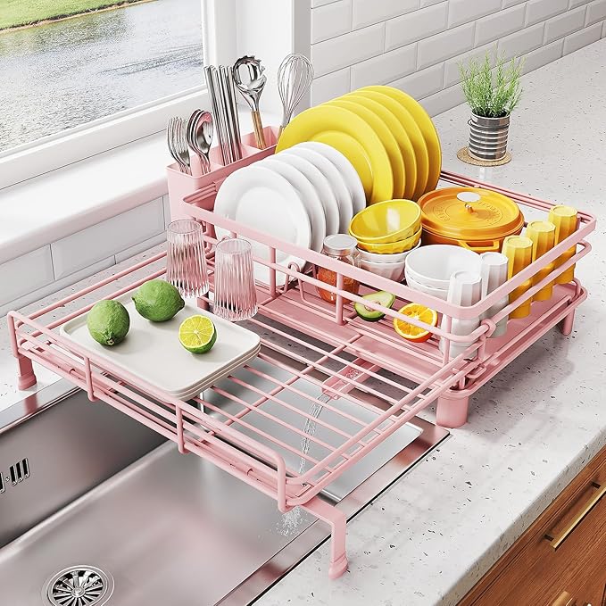 Dish Drying Rack, Extendable Dish Rack, Pink