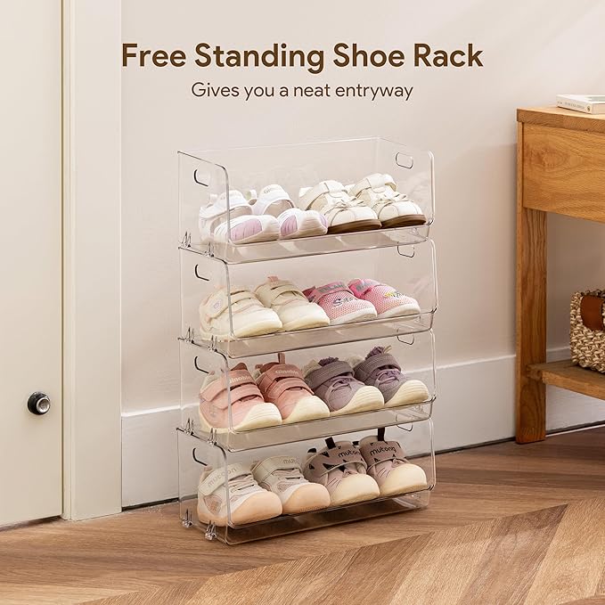 HBlife Clear Acrylic Kids Shoe Rack Baby Toddler Shoe Storage Organizer for Closet Floor Entryway Bedroom, 8 Tier Stackable Small Shoe Rack Shelf Display Stand