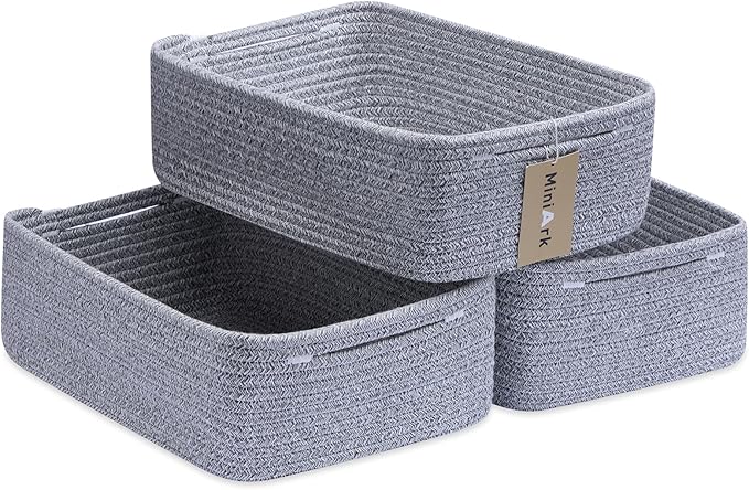 MiniArk Large Shallow Organizing Baskets 15x11x5.1 Inches - Rope Woven Storage Bins for Bathroom, Shelves, Cube Closet, Mixed Grey 3 Packs