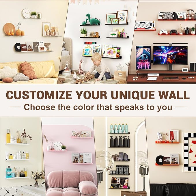 Qukaka Floating Shelves for Wall Decor, 15" Extra Clear Wall Shelves for Bedroom, Living Room, Kitchen, Bathroom Decor, Nail Polish/Book/Decoration/Makeup/Perfume Organizer Floating Shelf-16Pack