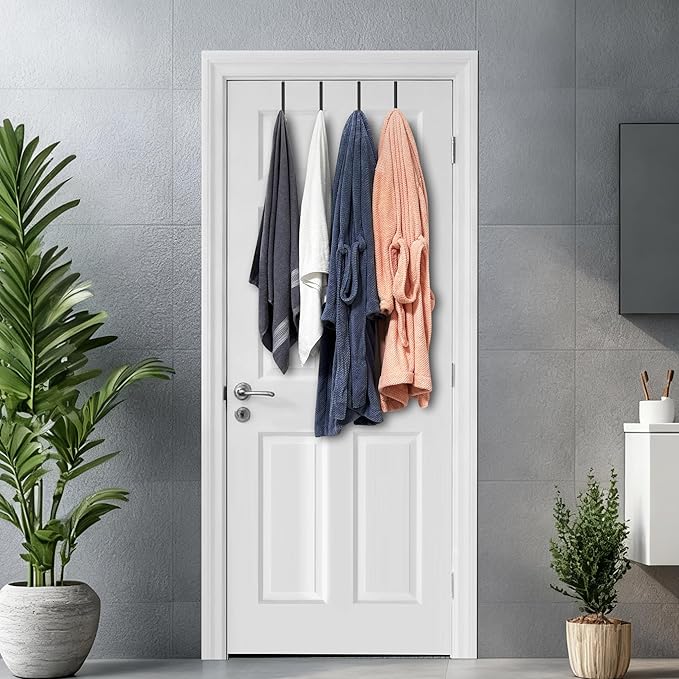 Over the Door Metal Hooks with Plastic Coating 1 Year Returnless Refund 5.5" Fit 0.5" to 1 3/8" Door 4 Pcs Heavy Duty Single Towel Robe Rack Wreath Bathroom Shower Hanger Shoe Organizer Ironing Board