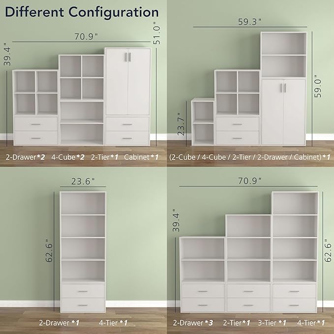 Homes: Inside + Out Apexa 3-Tier Cube Storage Organizer Shelves, Stackable Wood Bookcase Fits Cubby Bins for Organization, Dorm Teen Room Decor & Home Office, White