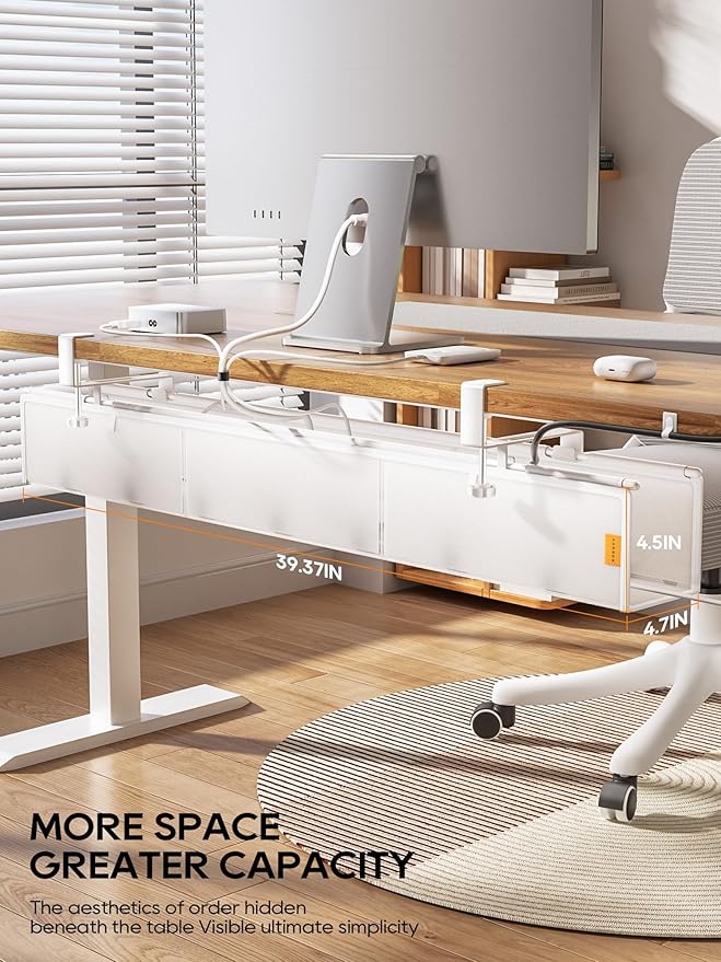 Under Desk Cable Management Tray No Drill, Cable Ties Included, Eco-Friendly Canvas Material, Mesh Design for Heat Dissipation, Cable Organizer/Storage for Standing Desk(39inch, White)