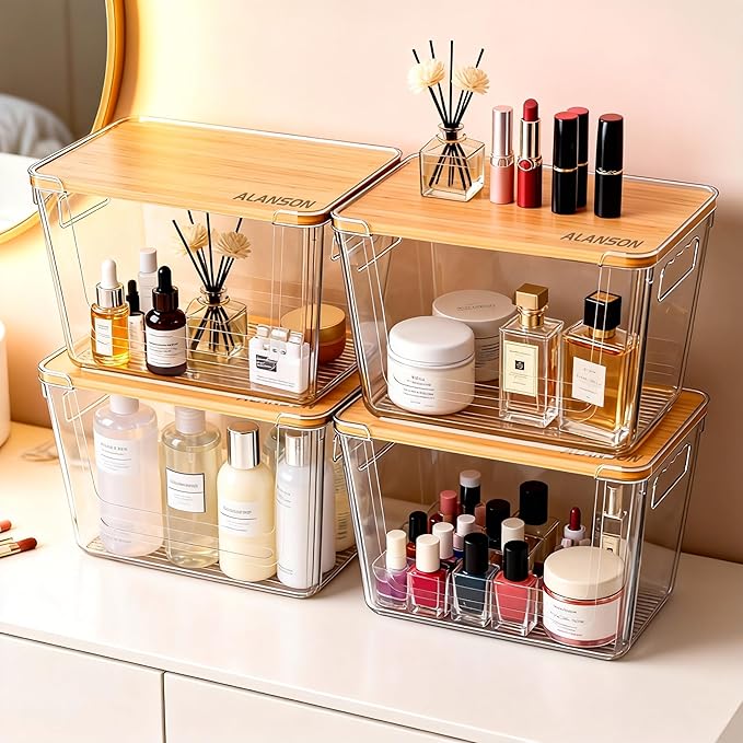 4 Pack Clear Storage Bins with Bamboo Lid, Garbage Bag Dispenser, Pantry Organizers and Storage for Onion Potato, Under Sink Organizer for Kitchen Laundry Room