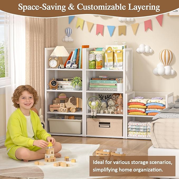 4-Tier Stackable Closet Organizers and Storage Basket, Wire Clothes Shelf Organizer Bins, Sweater Storage for Wardrobe Cupboard, Multifunctional Cube Storage Box for Kitchen Bath Laundry Room, White