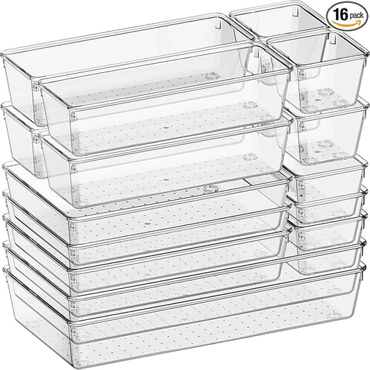 16 Pack Large Clear Plastic Drawer Organizer Bins
