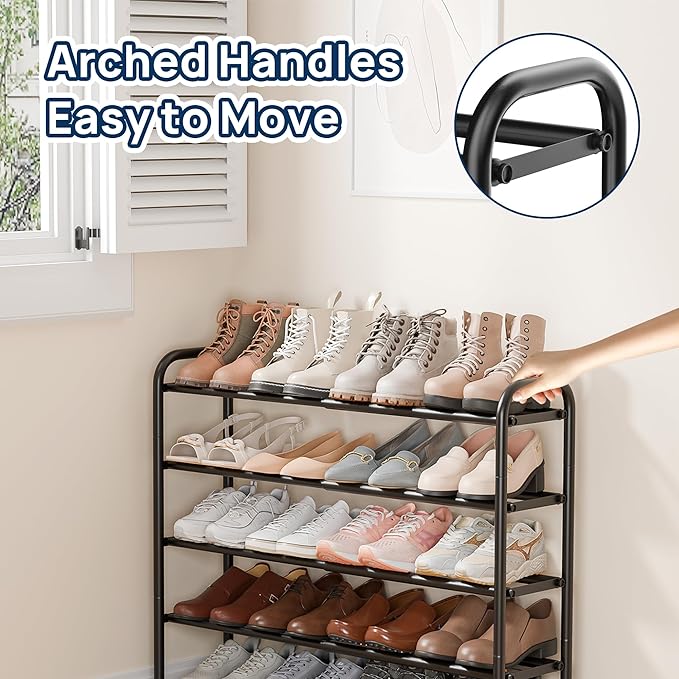 ENJOYBASICS 5 Tier Expandable Shoe Rack for Closet, Free Standing Metal Shoe Shelf Storage Organizer Holder 20 Pairs, Adjustable Width Shoe Rack for Entryway Small Space, Black