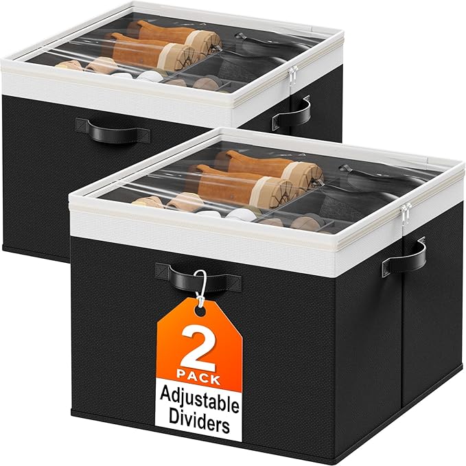 StoreHappily Shoe Organizer for Closet - 2 Packs Hold up to 32 Pairs, Large Shoe Storage Organizer Containers with Adjustable Dividers, Clear Cover, Leather Handles for Heels, Boots, Sneakers (Black)
