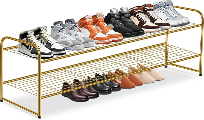2-Tier Long Shoe Rack for Closet Metal Shoe Organizer for Entryway, Gold
