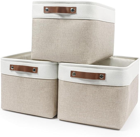 Storage Bins Large Fabric Storage Baskets for Shelves 3 Pack, Beige&White