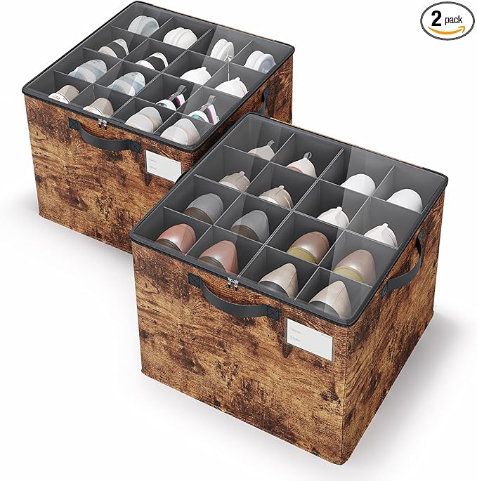 Varhomax Shoe Organizer Box for Closet 2 Pack, Fabric Shoe Storage Bin with Adjustable Dividers & Clear Cover, Holds up 16-32 Pairs of Sneakers & Sandals for Entryway, Cubby (Rust Brown)