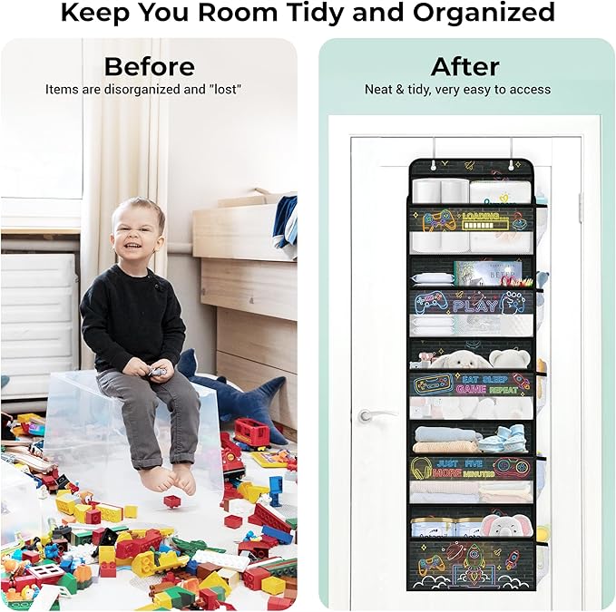 Clastyle Neon Video Gamer Over the Door Organizer with Clear Window Mesh Pocket 44 lbs Weight Capacity Nursery Hanging Shelf for Diaper Toy Closet Door Storage for Bedroom Bathroom Pantry