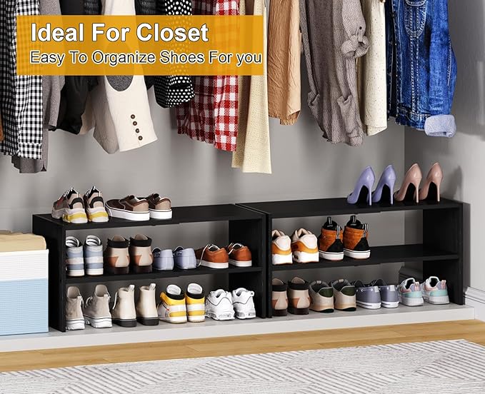 Black Shoe Rack Organizer for Closet, 2-Tier Expandable Shoe Shelf, Stackable Iron Wood Combination Small Shoe Racks Shelves for Closets, Entryway,Small Space,Hallway,Garage,6-12 Pairs