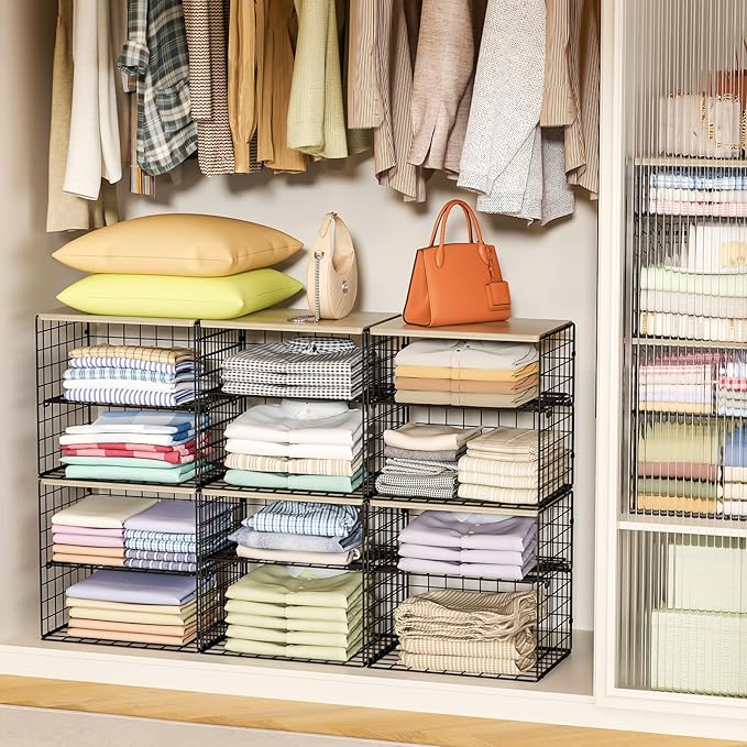 4-Tier Widened Closet Organizers and Storage, Extra Long Stackable Closet Shelf Organizer with Adjustable Dividers and Wood Top, Large Closet Storage Basket for Clothes, Jeans, Wardrobe Organization