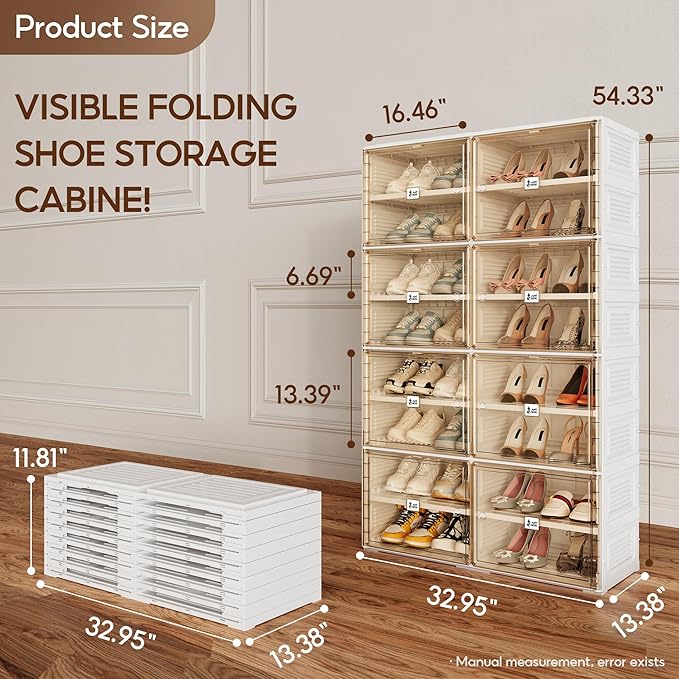 ANTBOX Portable Shoe Rack Organizer for Closet Entryway, Stackable Sneaker Storage Shoe Cabinet with Magnetic Clear Door, Large Plastic Storage containers Bins with Lids 8 Tiers 32 Pairs