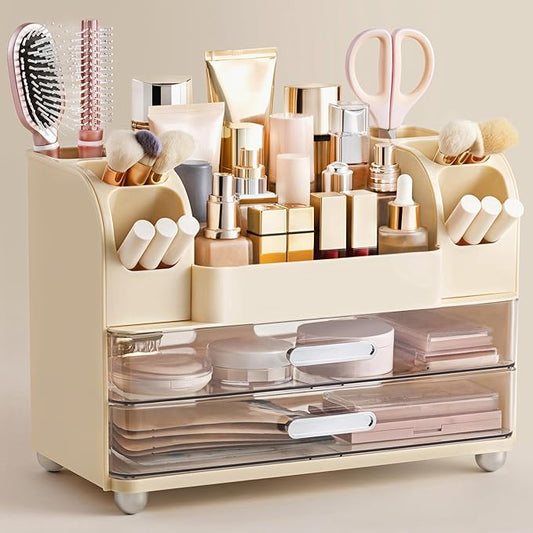 Makeup Organizer for Vanity with Brush Holder, Beige
