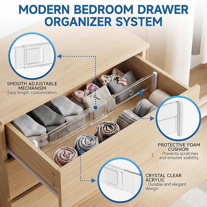 LETGO 5 Pack Drawer Dividers 6" High - Tall Acrylic Drawer Divider for Clothes, 12.3-18" Adjustable Dresser Deep Drawer Dividers,Expandable Dresser Separators for Kitchen Office Baby Clothing (5)