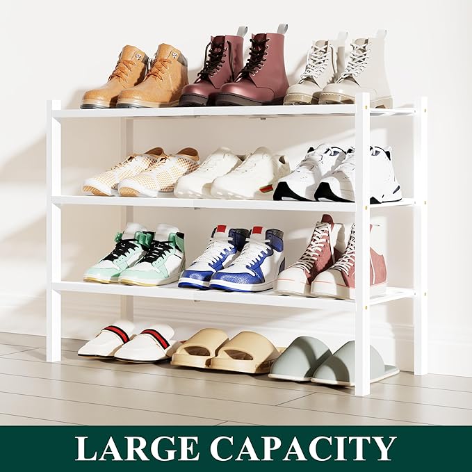 Smiry Bamboo Shoe Rack, 3 Tier Free Standing Wooden Shoe Organizer, Stackable Wood Shoe Storage Shelf for Closet, Entryway, 12 Vertical Slats, 2+1 Stack Standard Legs, 26.8"x11"x19.5", White
