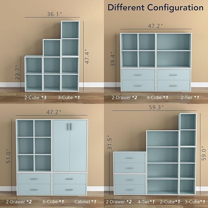 Homes: Inside + Out Apexa 3-Tier Cube Storage Organizer Shelves, Stackable Wood Bookcase Fits Cubby Bins for Organization, Dorm Teen Room Decor & Home Office, Light Blue