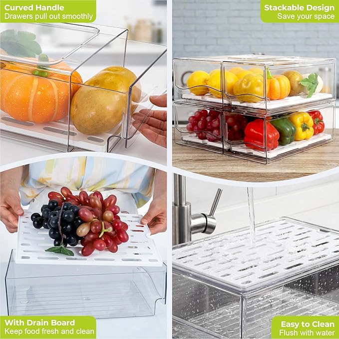 4Pack Fridge Organizer, Stackable Refrigerator Organizer Bins, Reusable Food Storage Containers, BPA-Free with Drain Tray for Bathroom, Kitchen, Refrigerator, Pantry (4 Drawers, Large, Medium)