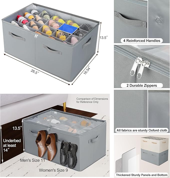TOPIA HOME Shoe Organizer for Closet, Foldable Shoe Box with Adjustable Dividers and Clear Cover, Space Saving Shoe Storage Organizer Cabinet with Reinforced Handles, Fits 20 Pairs, Gray, TP10G