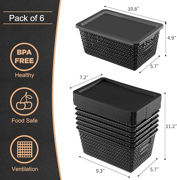 Storage Bins with Lids | Plastic Storage Baskets with Lids for Office Organization,Stackable Organizing Bins with Latching Design, Easy-Clean Boxes for Home, Office, Toys & Classroom Supplies, 6 packs