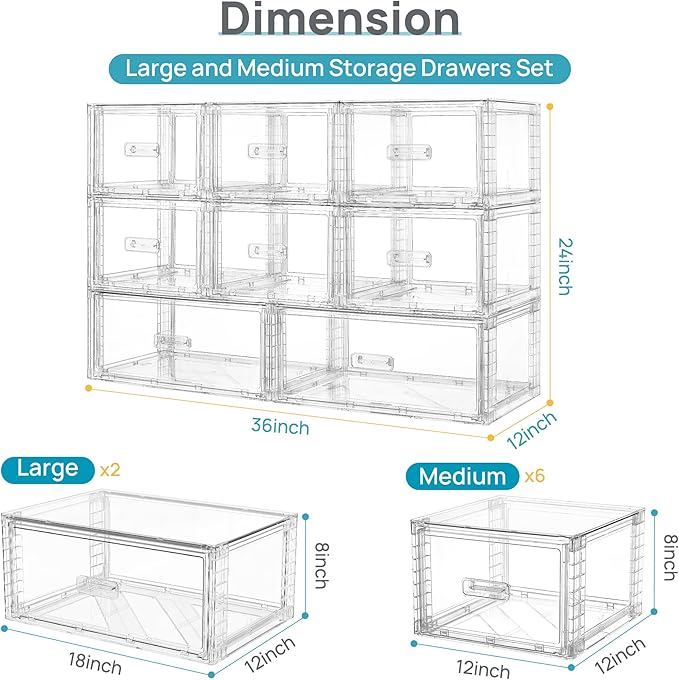 8 Pack Large & Medium Stackable Drawer Organizer Set