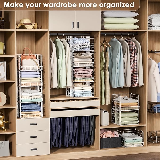 5-Tier Stackable Closet Organizers and Storage Baskets, Closet Shelf Organizer, Space-Saving closet organizer system, Foldable Clothes Storage Bins for Closet Organizer System, White(Patent 30022416)