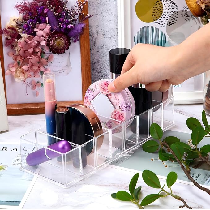 Tuanse 4 Pcs Acrylic Makeup Compact Organizer Detachable 8 Spaces Clear Vanity Drawer Organizer Eyeshadow Palette Storage for Lipstick Highlighter, Skincare Cosmetic Display Cases for Bathroom