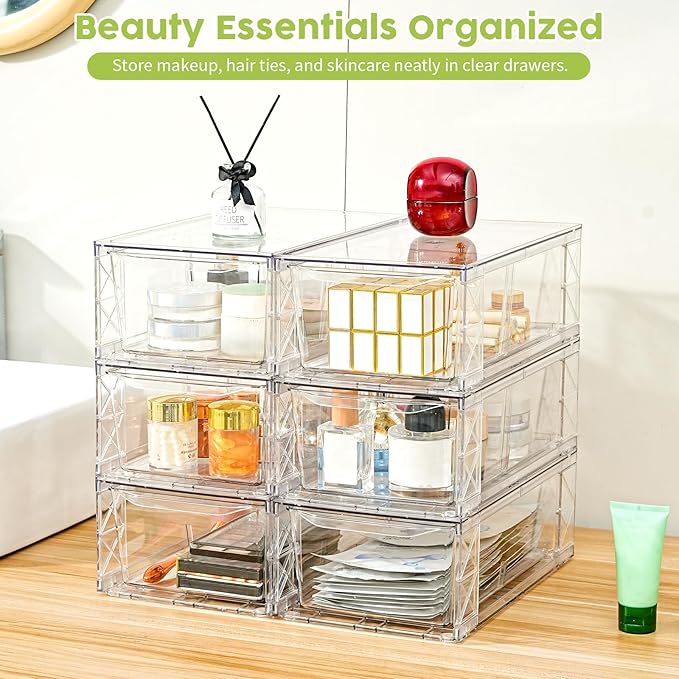6Pack Acrylic Storage Drawers, Clear Stackable Storage Drawers, Acrylic Storage Bins with Drawers for Fridge Organizers, PlasticDrawers Stackable for Makeup Organizers Cosmetic Display, Medium