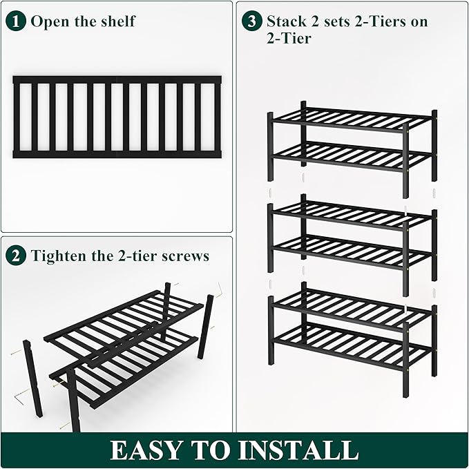 Smiry Bamboo Shoe Rack, 6 Tier Free Standing Wooden Shoe Organizer, Stackable Wood Shoe Storage Shelf for Closet, Entryway, 14 Vertical Slats, 2+2+2 Stack Heavy-Duty Legs, 26.8"x11"x39", Black
