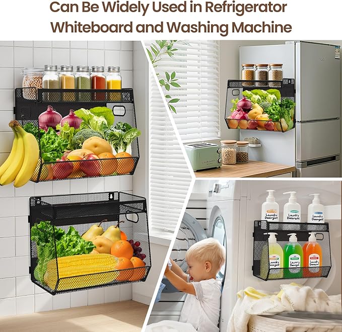 1 SET Magnetic Shelf for Fridge with Lid, Fruit Potato and Onion Storage Bins, Pantry Organizers and Storage, Large Container Magnetic Spice Rack for Refrigerator, Kitchen Counter & Cabinet