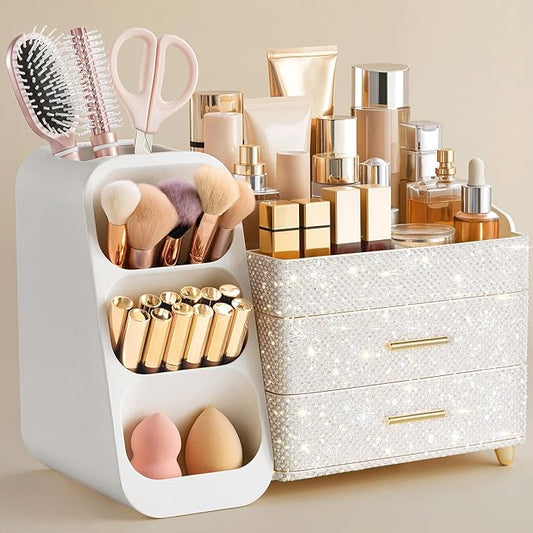 Makeup Organizer with Brush Holder for Vanity, Pearl All White