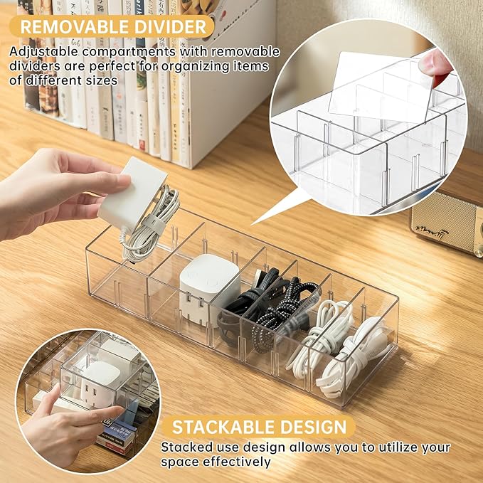FRETONBA 2 Pack Cable Storage Organizer Box with 8 Compartments and 14 Wire Ties, Stackable Charger Organizer, Clear Cord organizer for Drawer, Adjustable Divider Cord Management Box