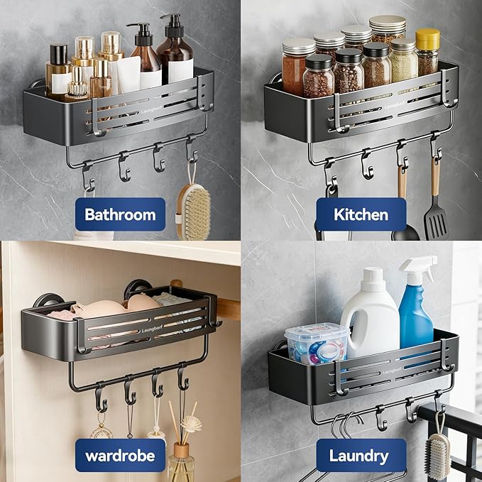 Rectangle Shower Caddy Suction Cup – Rustproof Aluminum Shelf with Towel Bar & Hooks, Laungborf No-Drill Removable Wall Storage for Bathroom (Matte Gray, 3 Pack)