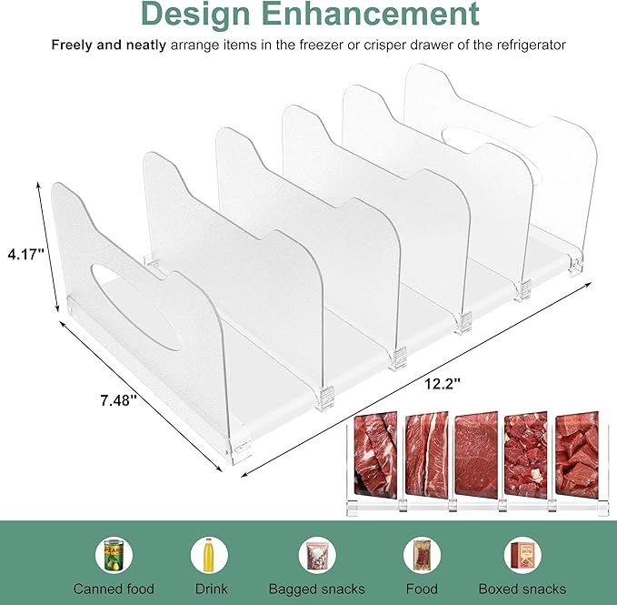 SURETIVIAN Freezer Organizer 12” Visible Fridge Organizer Rack with Removable Dividers and Handles, Freely Adjustable, Fits Refrigerator Frozen Meals, Lunch Meat Box, Cheeses(White)