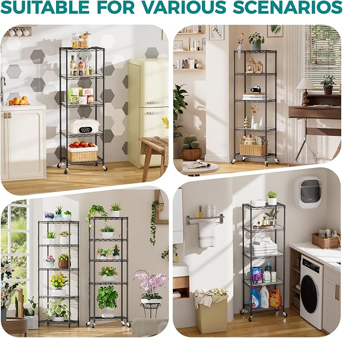 SINGAYE 5 Small Shelf Storage Wire Shelves Closet Bathroom Organizers Metal Pantry Kitchen Garage Shelving Unit Laundry Room Organization Home Narrow Rack Net Basket with Wheels Black