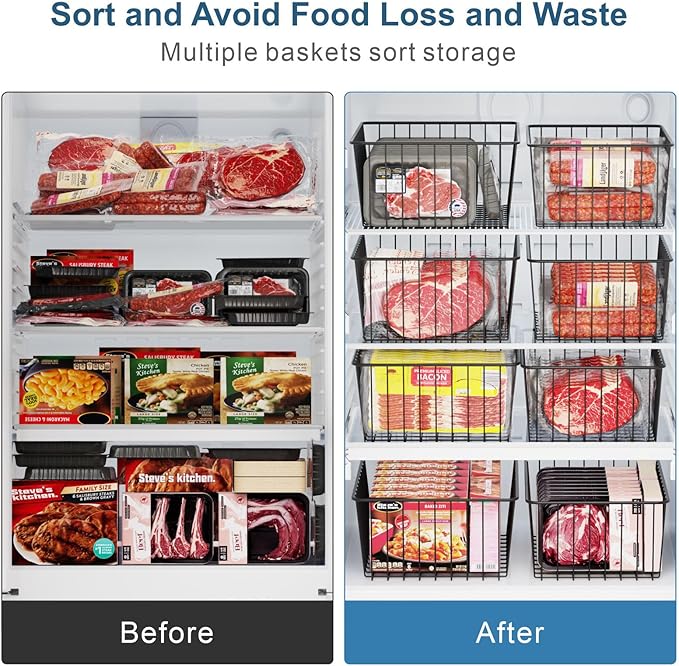 iSPECLE Freezer Organizer Bins - 6 Pack Stand Up Freezer Organizers for 16 Cu.Ft Upright Freezer, Storage Baskets for Meat & Veggies, Prevents Items Falling, Slide-Out Access, 3 Large 3 Medium, Black