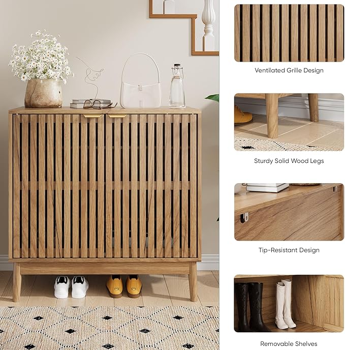Kiasthome Shoe Storage Cabinet with Ventilated Slatted Doors, Wooden Shoe Organizer, Shoes Rack for Entryway, Hallway, Living Room