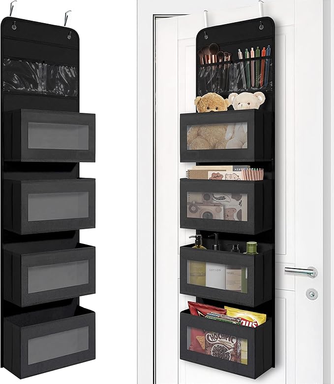 Giraffe Creation Over Door Organizer with 4 Large Capacity Pockets, Hanging Organizer Storage for Closet Bathroom Nursery Bedroom Dorm, Toys Cosmetics Sundries and Baby Essentials, Black