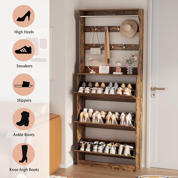 Shoe Storage Cabinet, Wood Shoe Organizer for Entryway with 3 Flip Drawers, Freestanding Shoe Rack with Adjustable Shelf, Narrow Shoe Dresser for Front Door Entrance(Brown, 78.74" x 31.5" x 9.37")