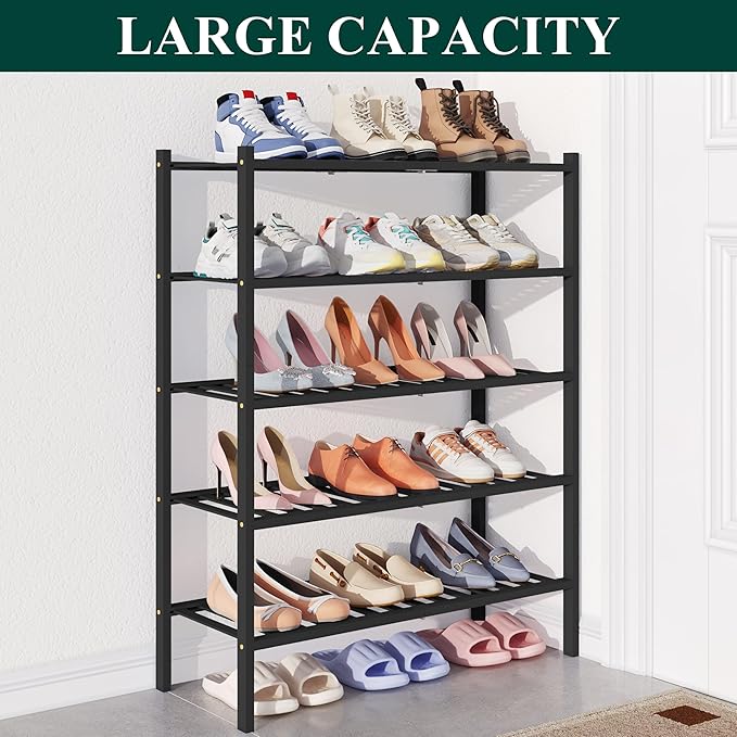 Smiry Bamboo Shoe Rack for Closet, 5 Tier Wooden Shoe Organizer, Stackable Wood Shoe Storage Shelf for Entryway, 14 Vertical Slats, 2+3 Stack Heavy-Duty Legs, 26.77"x11.02"x31.3", Black