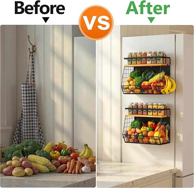 2 Pack Magnetic Spice Storage Rack Organizer for Refrigerator, Magnetic Shelf for Fridge with Wood Lid, Organizer for Kitchen & Laundry, Potato and Onion Storage Bins, Large Container, Strong Magnets