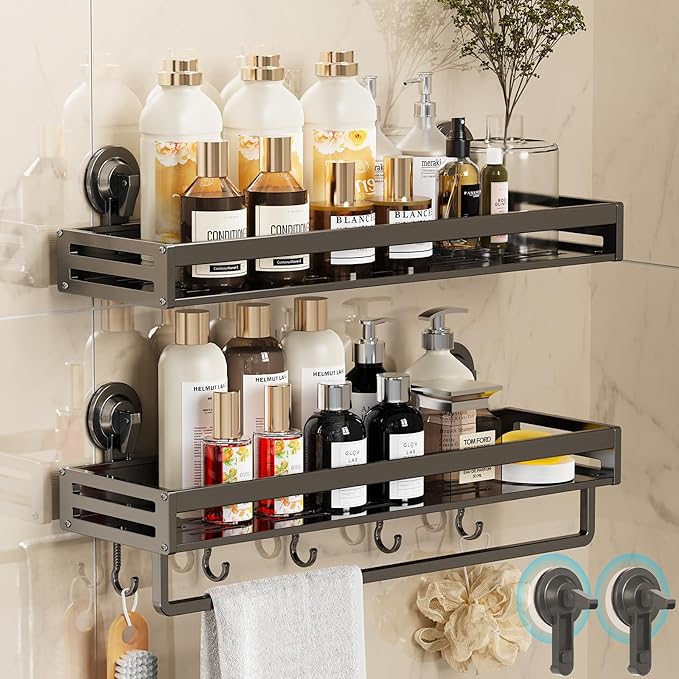 Suction Cup Shower Caddy, 15.7inch Extended Version, With 5 Hooks & Towel Rrack