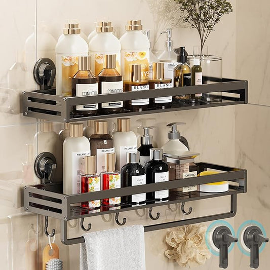 Suction Cup Shower Caddy, 15.7inch Extended Version, With 5 Hooks & Towel Rrack